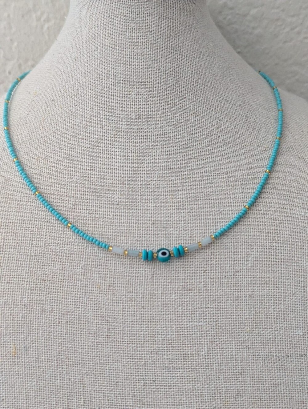 Handmade Evil Eye Seed Bead Necklace Turquoise Boho Dainty 16” + 1” Extender